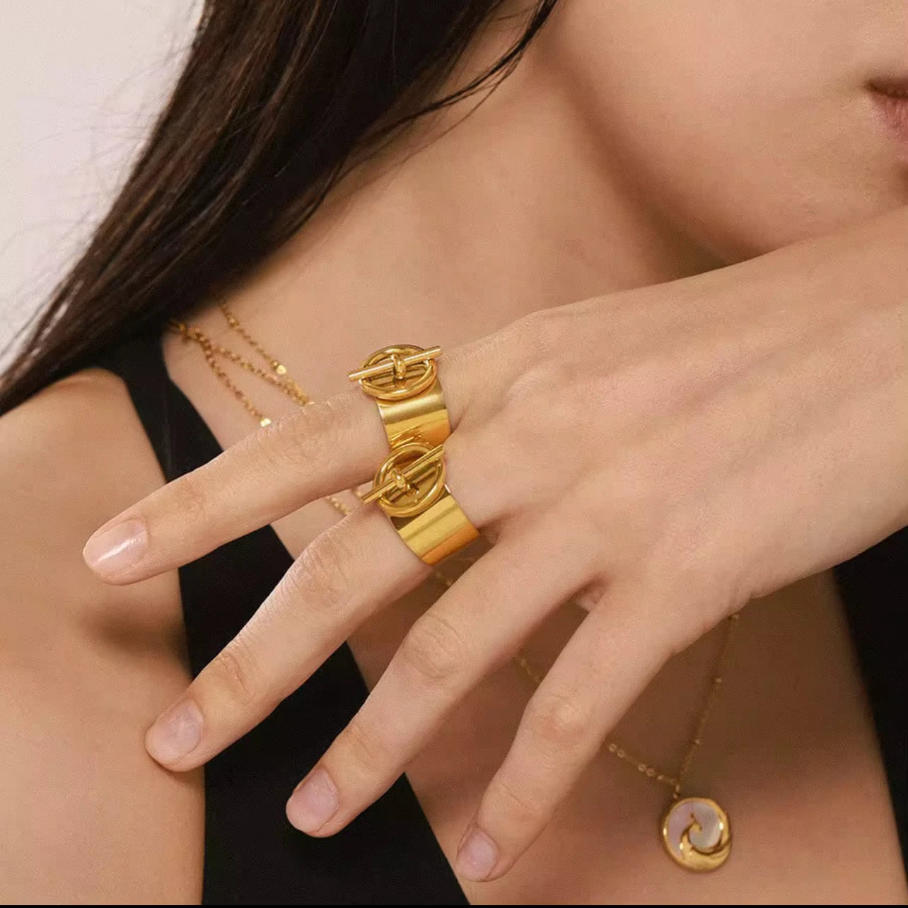 Bague Dorée , Bague Large Acier inoxydable Moderne ajustable