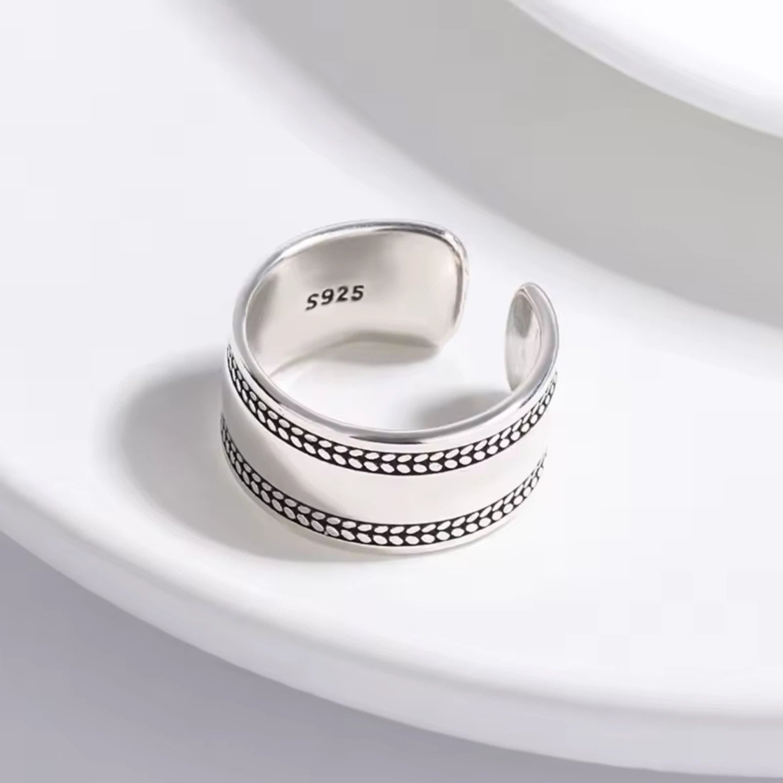 Bague Large Argent 925 Ajustable Détails Perlés Bague Ouvert Unisexe Bijou