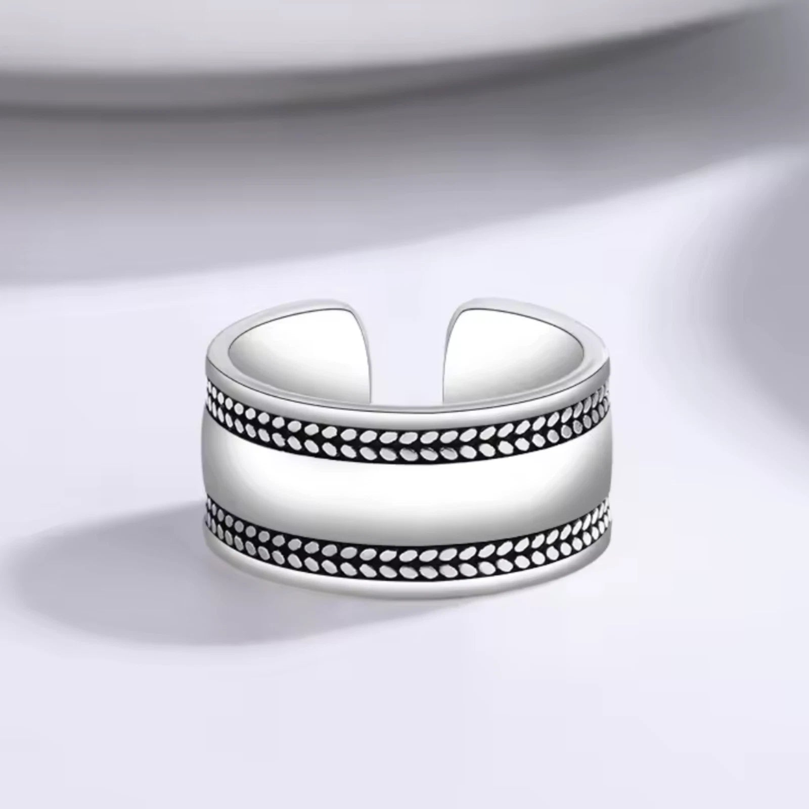 Bague Large Argent 925 Ajustable Détails Perlés Bague Ouvert Unisexe Bijou