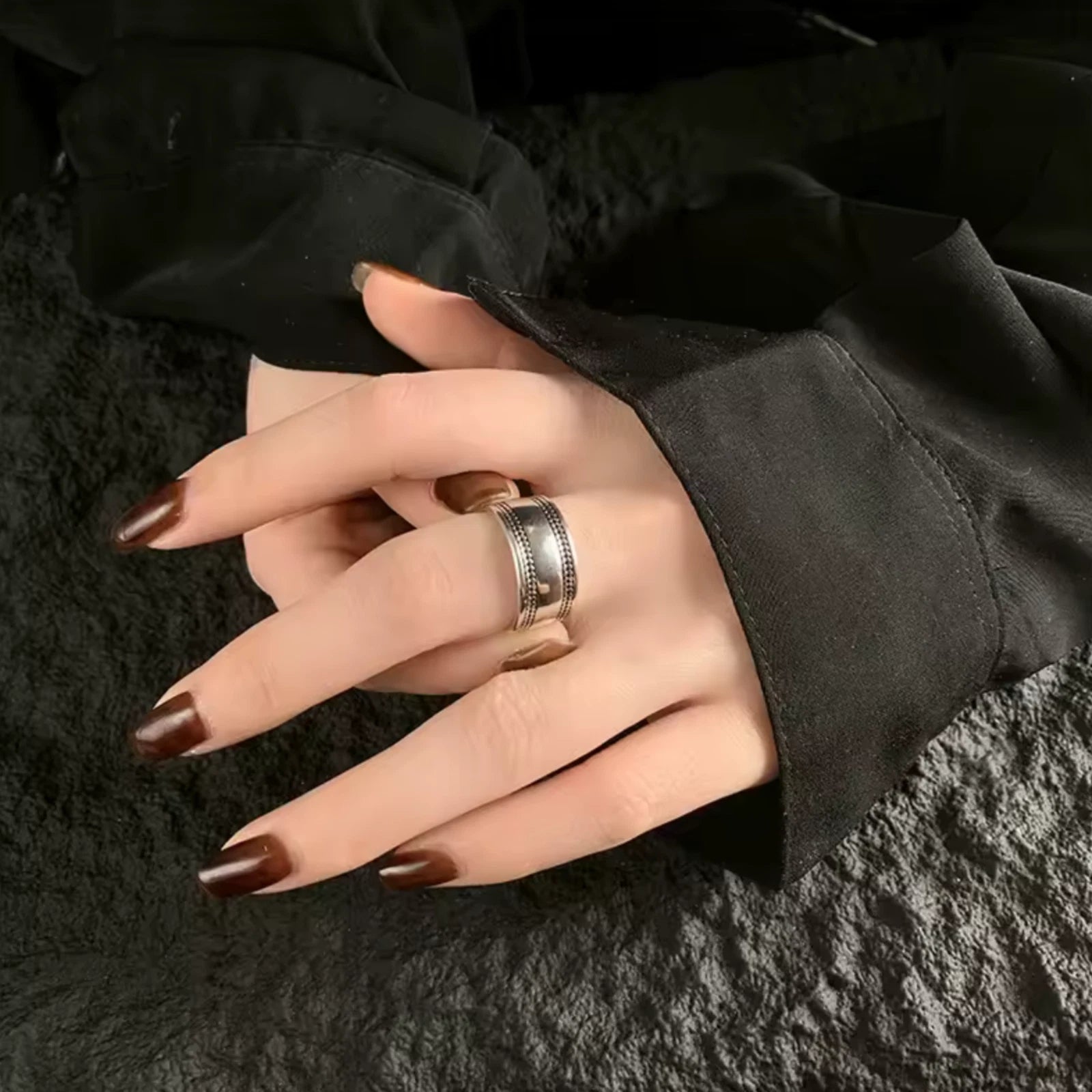 Bague Large Argent 925 Ajustable Détails Perlés Bague Ouvert Unisexe Bijou