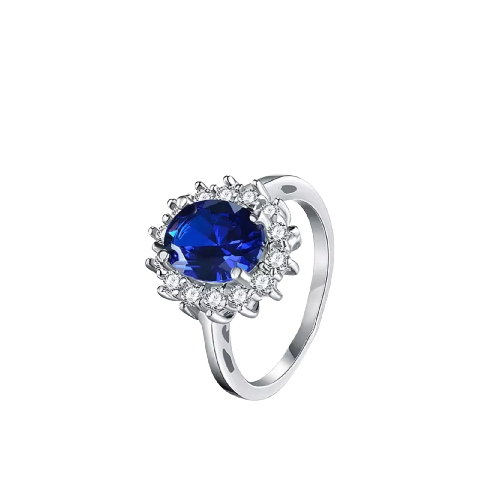 Bague Zircon Bleu Argent Halo Cristaux Style Kate Middleton Diana
