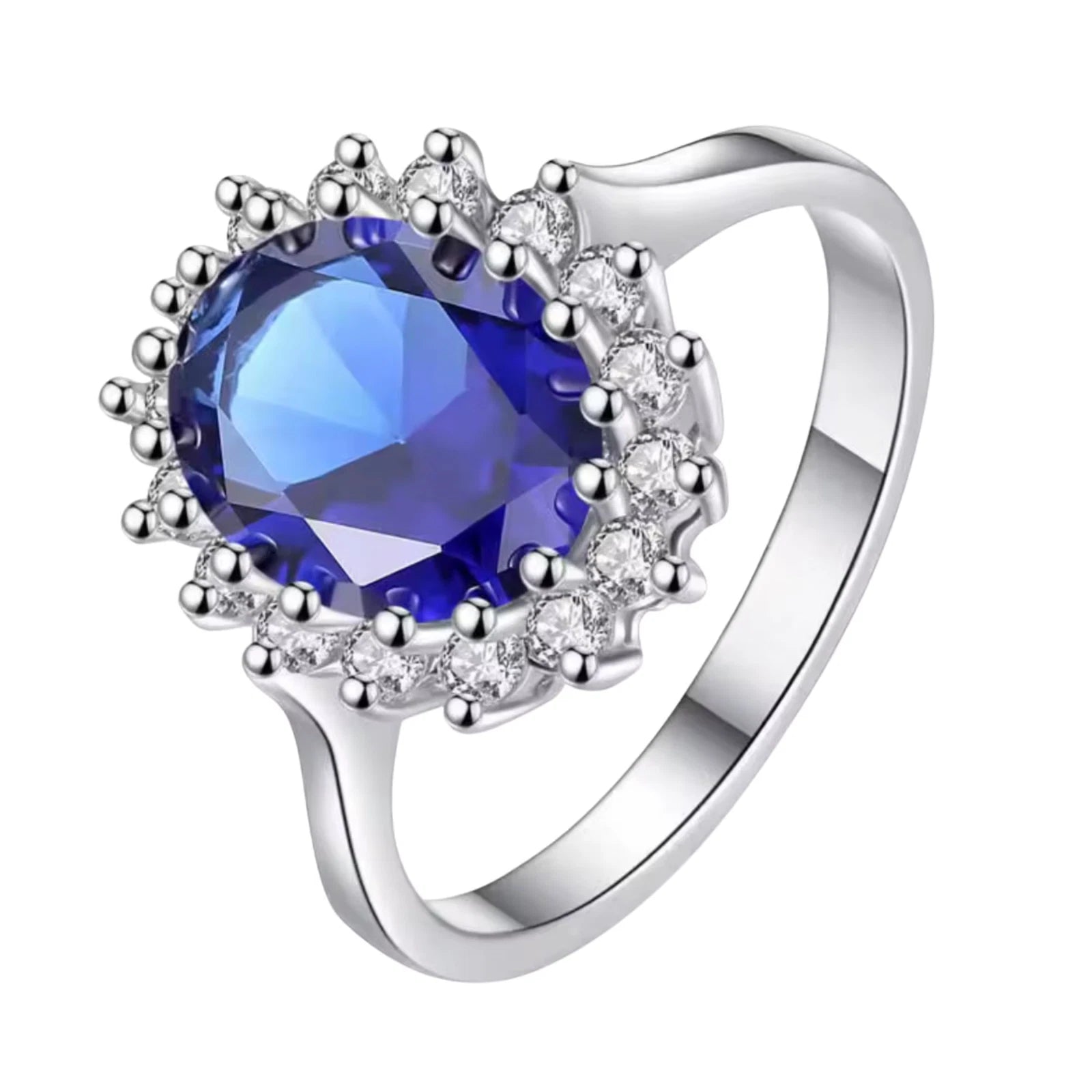 Bague Zircon Bleu Argent Halo Cristaux Style Kate Middleton Diana